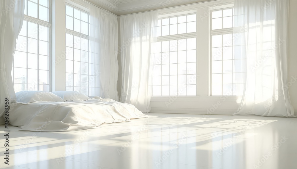 White Bedroom Interior Design with Sunlight Streaming Through Large Windows. White Bedroom Interior Design with Sunlight Streaming Through Large Windows.