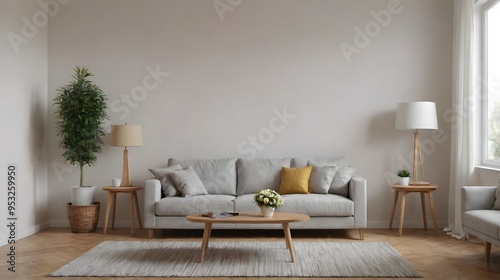 A modern living room with matching furniture theme set and decorative items 3d illustration. An empty wall and art frame mock-up template on the wall.