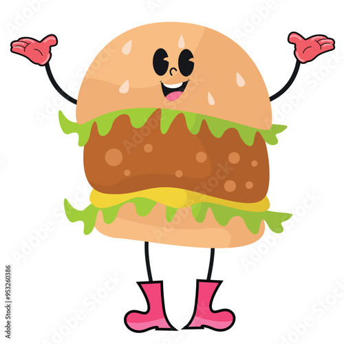 Vector illustration of a cartoon character shaped like a slice of burger with a smiling face. This young burger has a straw on top, skinny arms and legs with pink gloves and pink boots.