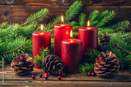 Christmas Candles With Pine Branches And Pinecones On Rustic Wood. photo