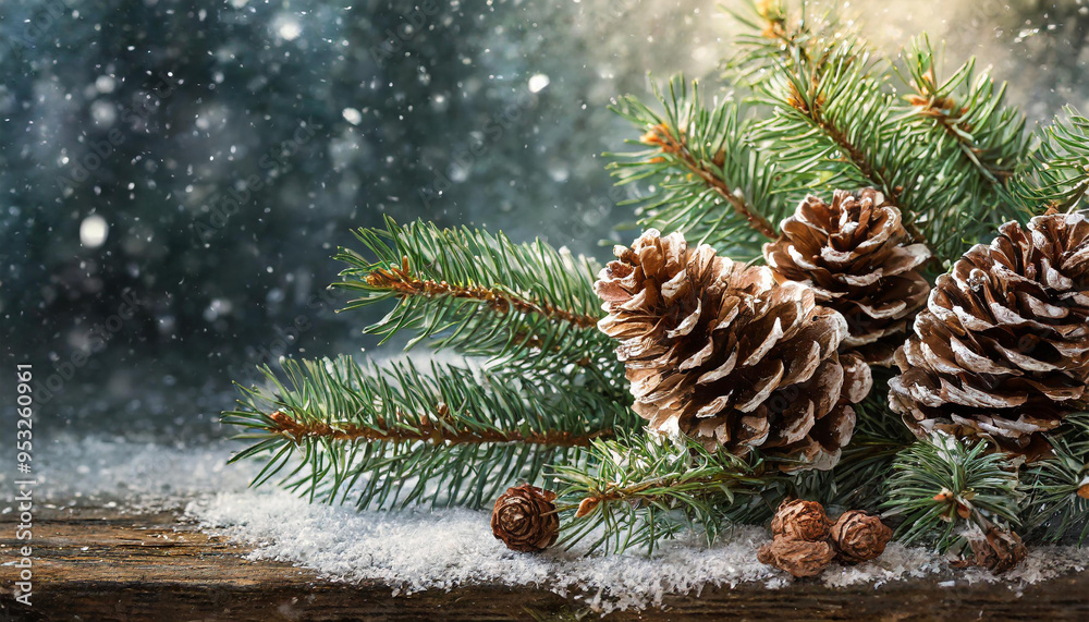 Pine cones with evergreen branches on a wooden surface with snowy winter backdrop and warm light Pine cones with evergreen branches on a wooden surface with snowy winter backdrop and warm light