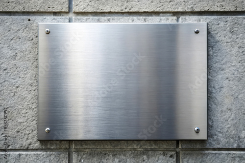 Blank Brushed Stainless Steel Signplate On Brick Wall. photo