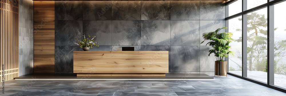 Modern lobby with a wooden reception desk, minimalist design, gray stone walls, and large windows,