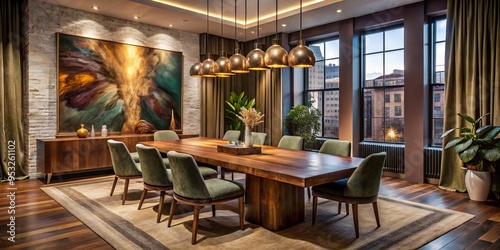 Luxurious modern dining room scene in Brooklyn NY featuring reclaimed wood table suspended lights bold artwork rich velvet drapes warm beige tones evening ambiance.