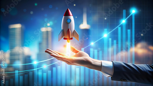 Business Growth, Rocket Launch, Success, Innovation, Future, Aspiration, Hand, Graph, Upward Trend, Potential, Opportunity. photo