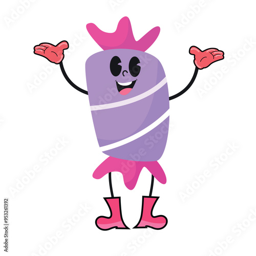 Vector illustration of a purple carrot shaped cartoon character with a smiling face. This purple carrot has a pink topping, skinny arms and legs with pink gloves and pink boots.