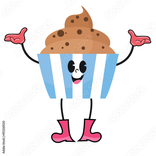 Vector illustration of an ice cream-shaped cartoon character with a smiling face. This ice cream has a chocolate topping, skinny arms and legs with pink gloves and pink boots.