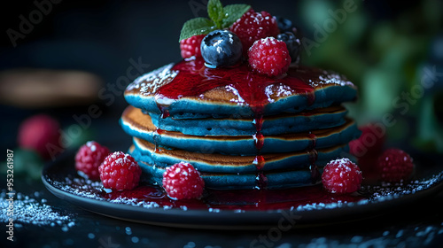 Blue Pancakes Drizzled With...
