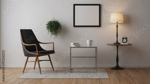 A modern living room with matching furniture theme set and decorative items 3d illustration. An empty wall and art frame mock-up template on the wall.