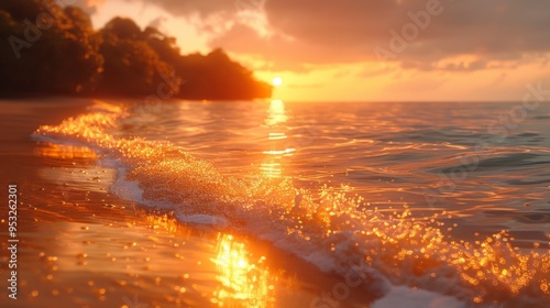 Golden beach, golden waves of water on the shore, golden sand, golden sunlight shining through the trees, golden light reflecting on sparkling ocean