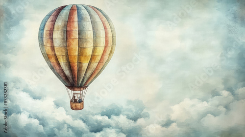 watercolor painting of a vintage hot air balloon floating among the clouds, copy space banner, vintage background, high quality image