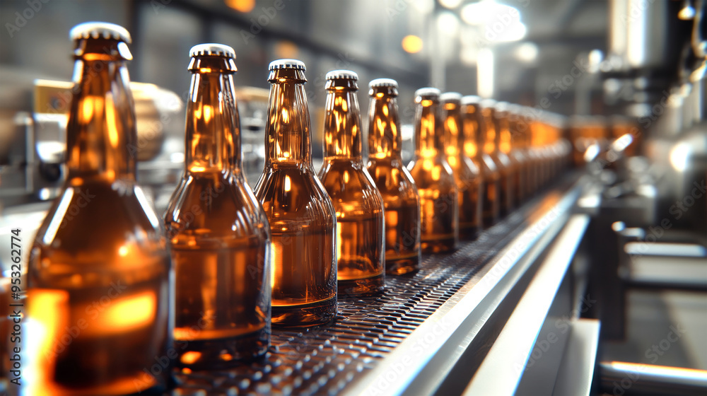 Brown glass bottles travel along a high-tech bottling line, being filled, labeled, and prepared for distribution in a state-of-the-art brewery setting Brown glass bottles travel along a high-tech bottling line, being filled, labeled, and prepared for distribution in a state-of-the-art brewery setting