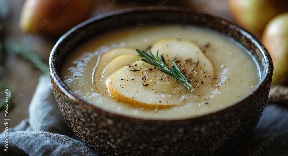 Creamy potato soup garnished with fresh herbs and sliced apples in a rustic bowl Creamy potato soup garnished with fresh herbs and sliced apples in a rustic bowl