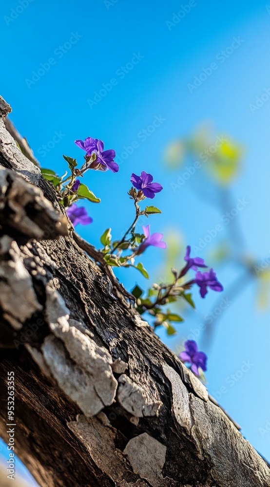 photography of purple wild flowers growing on the edge of driftwood, with a blue sky background photography of purple wild flowers growing on the edge of driftwood, with a blue sky background