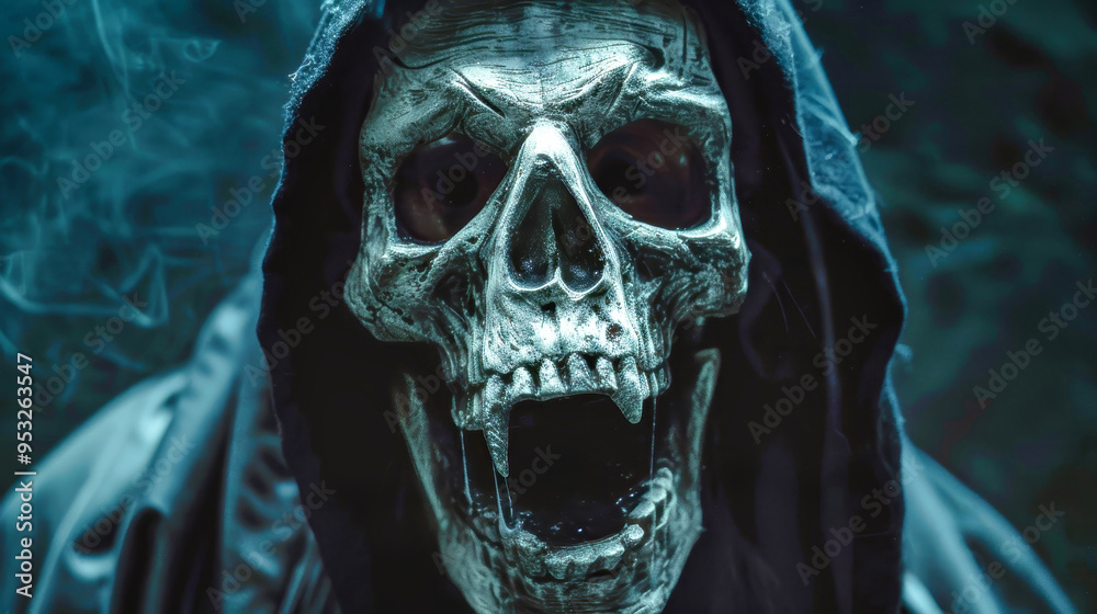 The grim reaper's skull face fills the frame, mouth agape in a scream of terror, set against a hauntingly dark backdrop in a chilling Halloween atmosphere The grim reaper's skull face fills the frame, mouth agape in a scream of terror, set against a hauntingly dark backdrop in a chilling Halloween atmosphere