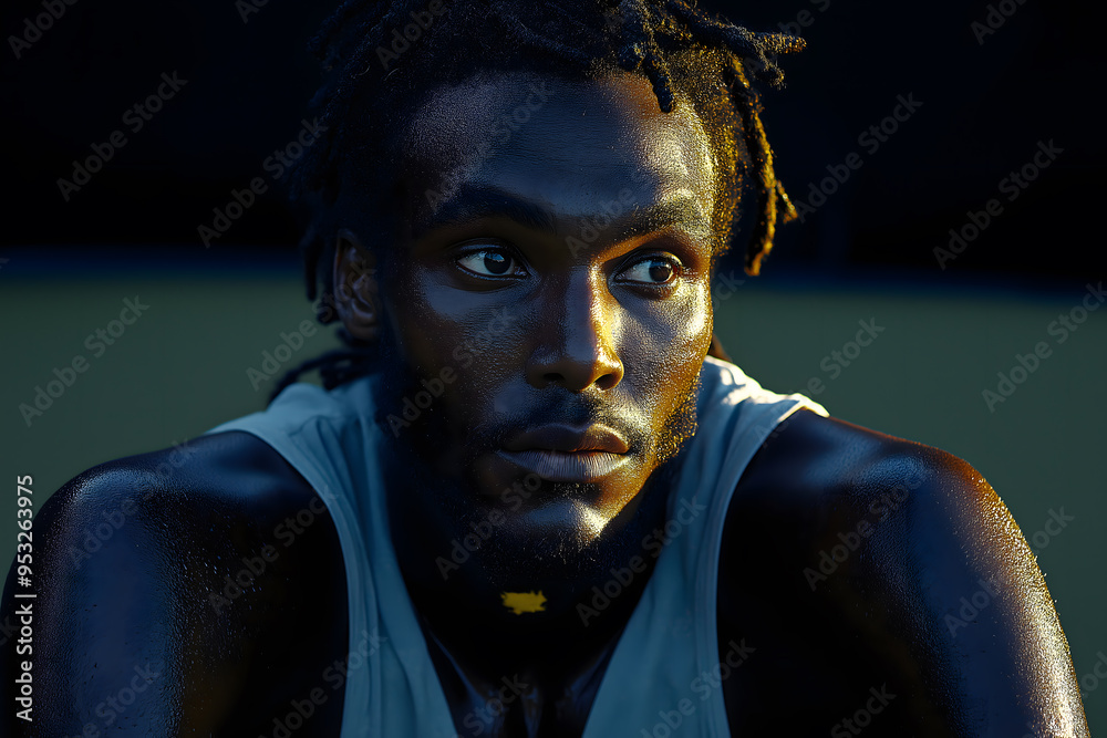 Dark-Skinned Man with Dreadlocks Sitting with a Tennis Racket, Sweating Dark-Skinned Man with Dreadlocks Sitting with a Tennis Racket, Sweating