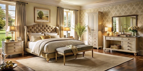 Luxurious morning scene showcasing ivory Atkinsons Sheffield bedroom furniture amidst soft golden light, lavish fabrics, and serene botanicals evoking relaxed elegance and tranquility.