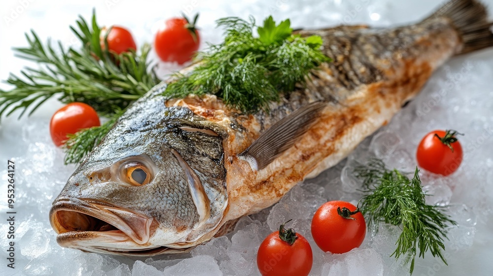 Grilled fish served on ice with cherry tomatoes and herbs at a summer beachside restaurant Grilled fish served on ice with cherry tomatoes and herbs at a summer beachside restaurant