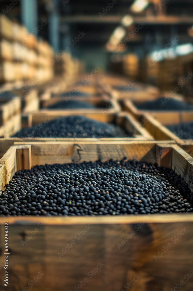 Fototapeta premium Poppy seeds harvested in wooden boxes in a warehouse. Natural organic fruit abundance. Healthy and natural food storing and shipping concept.