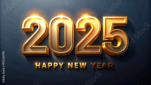 Graphic image with the numbers 2025 and the caption HAPPY NEW YEAR in bold, gold font on a dark background. AI, Generation, Illustration.