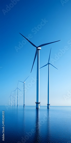 Modern wind turbines under a clear blue sky