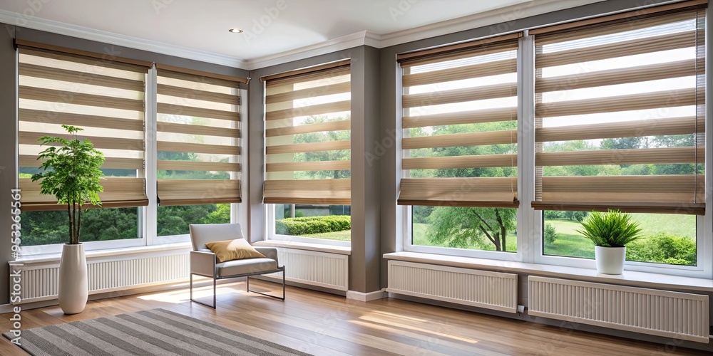 Modern window roller blinds with dual day and night fabric, perfect for light control and privacy Modern window roller blinds with dual day and night fabric, perfect for light control and privacy