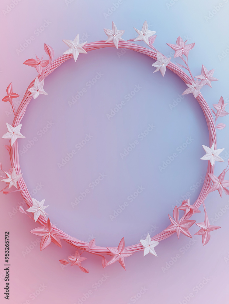 Obraz premium 3D circular frame in pastel tones, adorned with floating crystal and flowers elements for a luxurious minimalist appearance