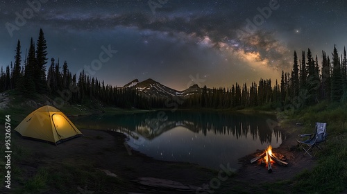 A tranquil lakeside campsite with a tent pitched by the water, a campfire burning, and the Milky Way visible overhead