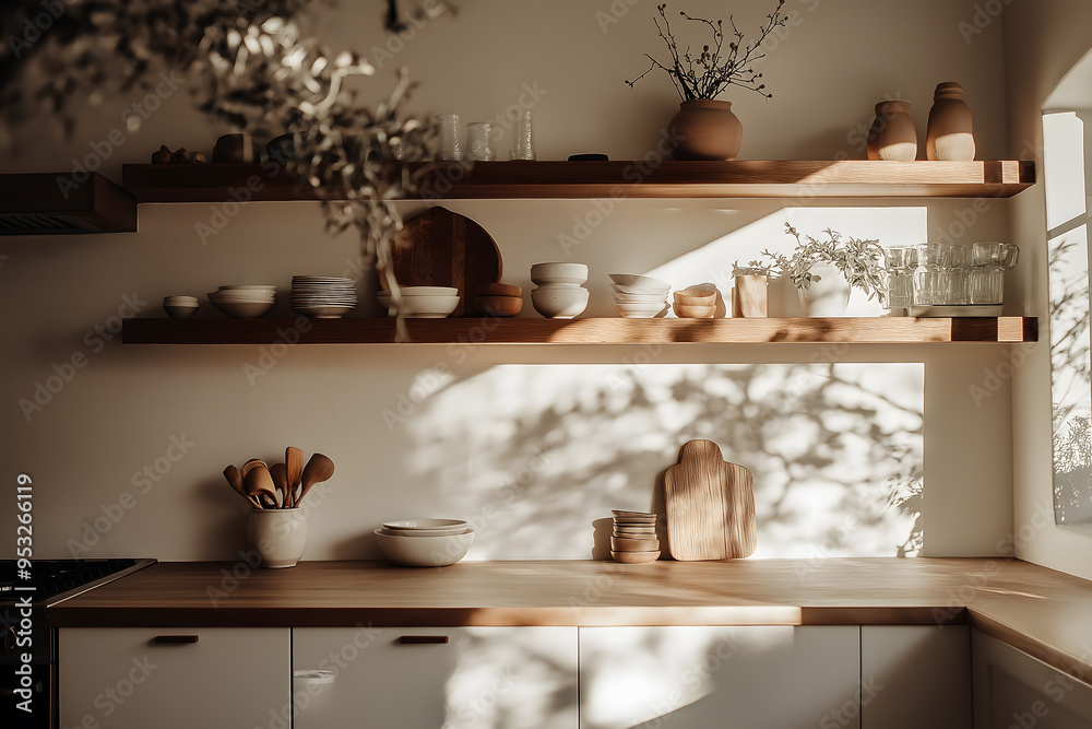 Minimalistic Photograph of a Kitchen with Ceramic Pottery Objects and Fresh Color Palette Minimalistic Photograph of a Kitchen with Ceramic Pottery Objects and Fresh Color Palette