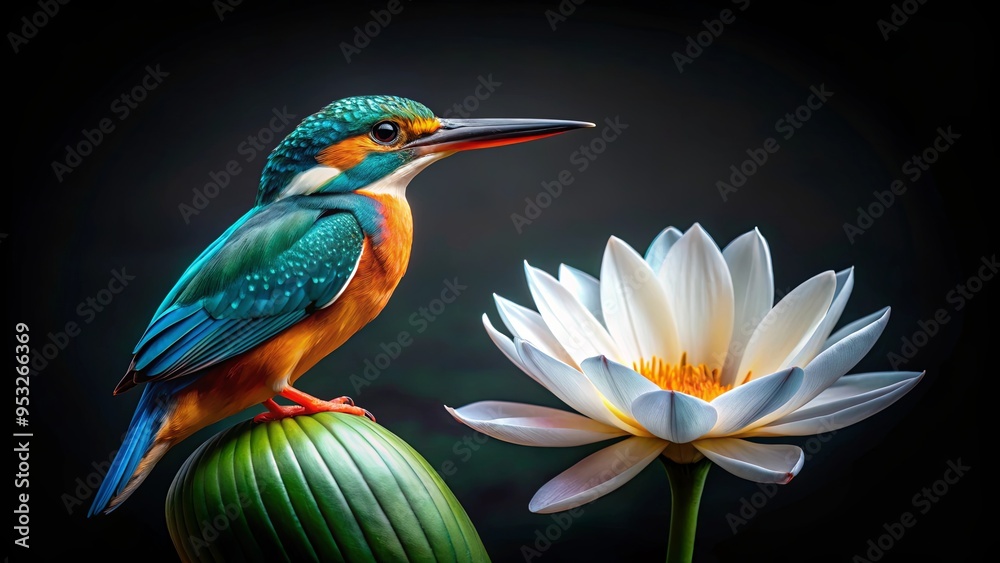 Common kingfisher perched gracefully on a lotus flower against a black background Common kingfisher perched gracefully on a lotus flower against a black background