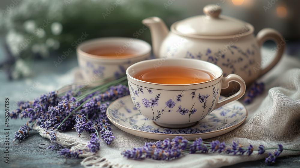 A serene scene of lavender tea in elegant china cups and teapot, surrounded by sprigs and dried flowers on soft fabric A serene scene of lavender tea in elegant china cups and teapot, surrounded by sprigs and dried flowers on soft fabric
