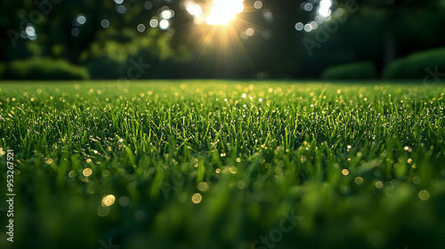 Close up of dewy green gras...