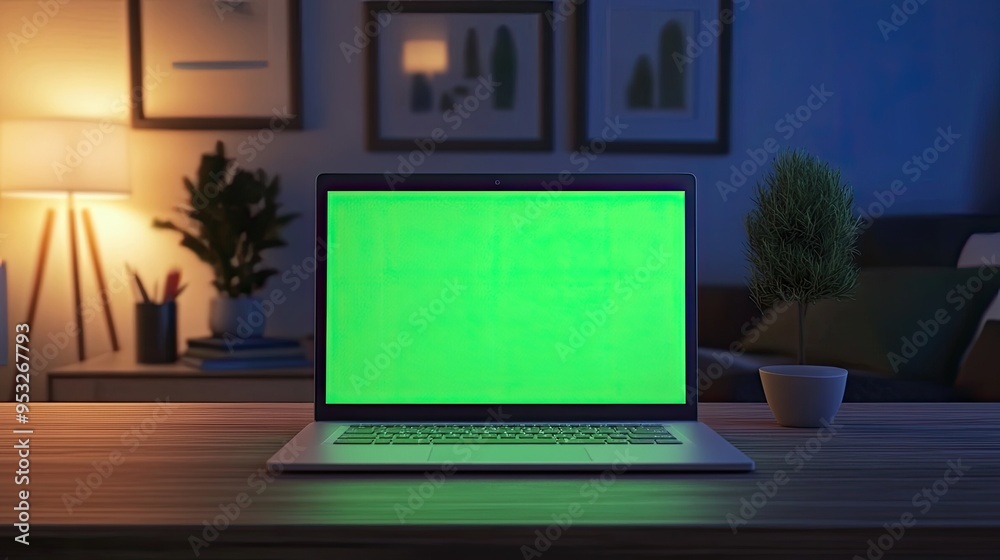 Fototapeta premium A laptop with a green screen on a wooden table in a dimly lit room.