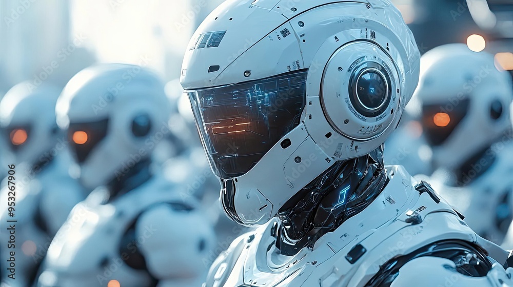 Fototapeta premium Cybernetic police force, patrolling a high-tech city with drones and augmented reality glasses, 3D illustration