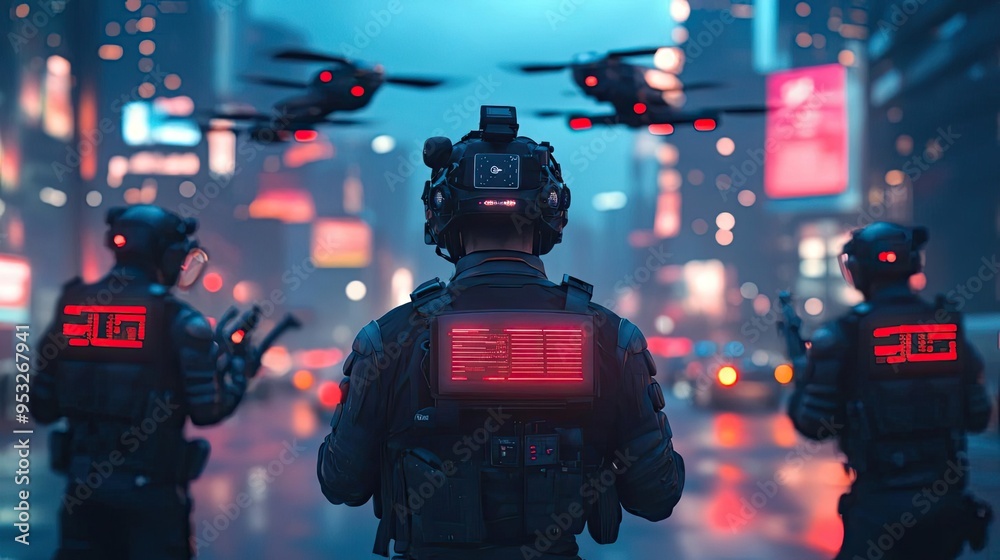Cybernetic police force, patrolling a high-tech city with drones and augmented reality glasses, 3D illustration