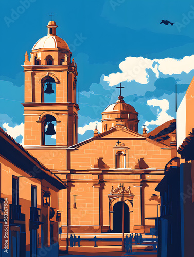 Historic catholic cathedral with bell tower. Handmade drawing vector illustration. Retro style pop art Peru Cusco travel poster. photo