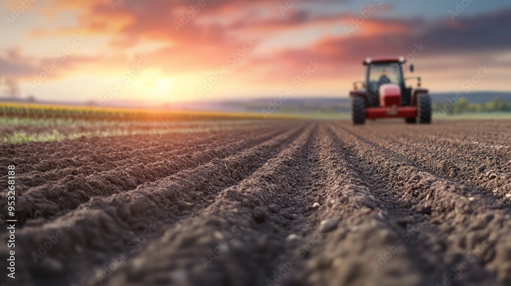 A red tractor on freshly plowed soil under a vibrant sunset, highlighting agricultural activity. A red tractor on freshly plowed soil under a vibrant sunset, highlighting agricultural activity.