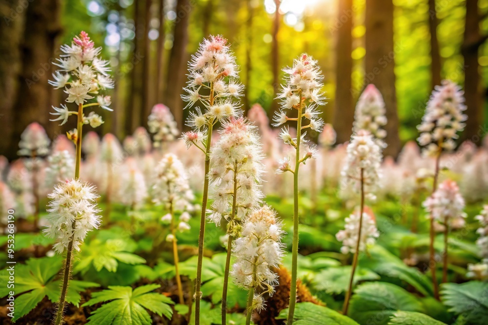 Delicate, white, and pink-tinged Tiarella flowers with intricate, lacy foliage bloom in a lush, shaded forest, surrounded by moss and ferns in dappled light. Delicate, white, and pink-tinged Tiarella flowers with intricate, lacy foliage bloom in a lush, shaded forest, surrounded by moss and ferns in dappled light.