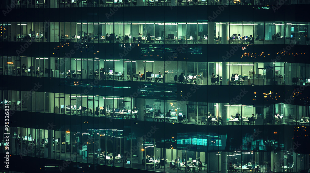 Nighttime Hustle in a Modern Office Tower. Generative AI