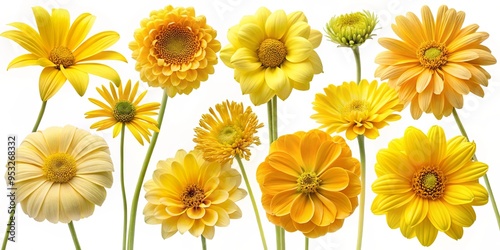 A collection of beautiful yellow flowers isolated on a background, perfect for graphic design projects or presentations