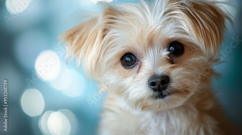 A close-up of a small, fluffy dog with big eyes against a blurred, colorful background.