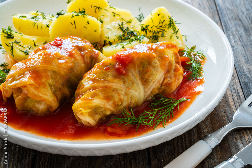 Wrapped minced meat in cabbage leaves served in tomato sauce with boiled potatoes on white plate on wooden table - polish dish golabki Wrapped minced meat in cabbage leaves served in tomato sauce with boiled potatoes on white plate on wooden table - polish dish golabki