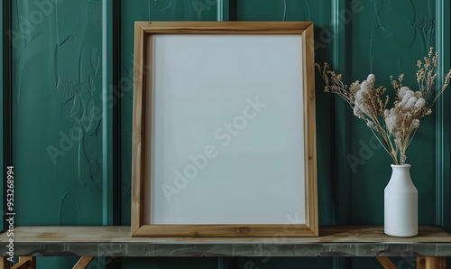 Black frame mockup with blank canvas on a dark green wall, sophisticated design, iso A paper size, framed wall poster photo