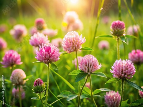 Delicate pink clover flowers bloom among lush green grass, softening the rustic landscape with a whimsical touch of femininity and natural beauty.