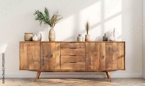 interior design of modern living room, home. Wooden sideboard with home decor pieces against white wall