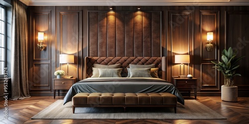 luxurious velvet upholstered bedframe surrounded by rich brown wood paneling and soft golden lighting evoking nostalgia in a serene sophisticated atmosphere with moody shadows