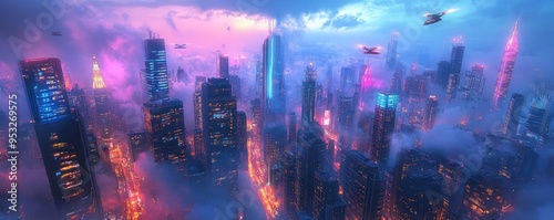 Futuristic city skyline, glowing skyscrapers and flying vehicles, neon-lit atmosphere, 3D illustration