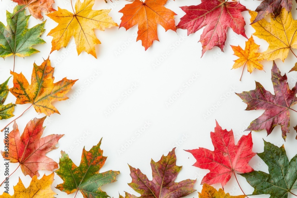 Fototapeta premium Autumn Maple Leaves Flat Lay White Background created with Generative AI