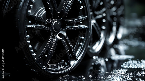 Closeup of a black car rim with water drops on a wet asphalt.