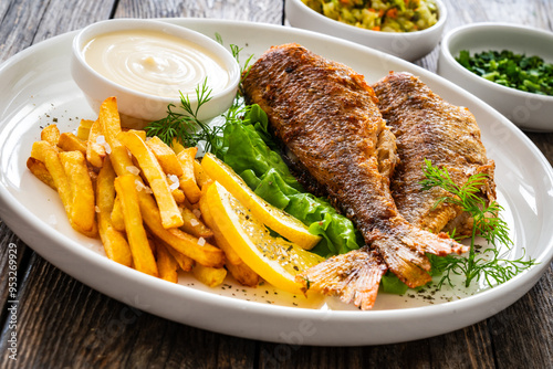 Fried sea bass served on lettuce with French fries, lemon and mayonnaise on white plate on wooden table
 photo